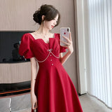 Wedding Party Midi Dresses for Women 2023 New Summer French Chic Square Collar Female Clothes Luxury Evening Black