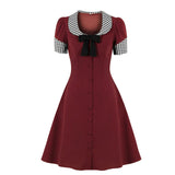 Women Single-Breasted Vintage Dress Bow Front Knee Length A-Line Button 1950s Style Office Ladies Tunic Shirt