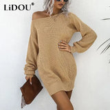 Winter Diagonal Collar Loose Casual Solid Sweater Dress Streetwear Harajuku Y2K Vestido Lantern Sleeve Dresses Robe