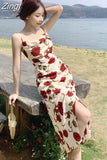 Slash Neck Spaghetti Strap Rose Floral Chiffon Midi Dress for Women Party Elegant Bodycon Beach Robe Vestidos Summer