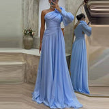 One Shoulder Sleeve Split Party Dress Fashion Autumn Solid Pleated Dress 2023 Elegant Diagonal Collar Chiffon Long