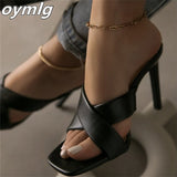 summer new style square head cross strap stiletto heels women's solid color sandals and slippers 43 large