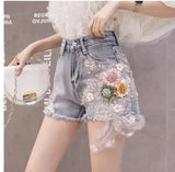 Styles Embroidery Ripped Denim Shorts 3D Floral High Waist Jeans Short Femme 2023 New Frayed Hole Shorts Women Summer