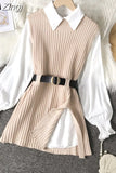 lantern sleeve shirt women knitted vest 2 two piece set 2023 spring autumn womens Shirts sets Sleeveless Sweater