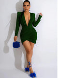 Sexy Solid Shine Velvet Ruched Irregular Mini Dress Women Long Sleeve Deep V Neck Bodycon Night Clubwear