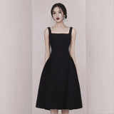 New Arrivals Summer Office Lady Sling Square Neck Retro temperament Backless Women Party Club A Line Midi Black