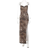Spaghetti Strap Leopard Print Maxi Dress For Women 2022 Summer Sleeveless Backless Split Long Elegant Dress