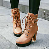 Women Comfy Platform Square High Heel Boots Fashion Round Toe Buckle Fall Winter Ankle Boots Black Brown