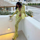 Summer Y2K Print Mesh Long Sleeve Top Shirts And Maxi Skirt Set Bodycon Sexy Beach Party Outfits Women Two Piece