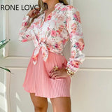 Women Chic Long Sleeves Button All Over Print Disty Floral Top & Solid Bottom Folds Mini Sweat Skirt