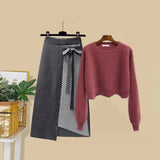 Women Autumn Winter Warm Knitted Two Pieces Sets Korean Long Sleeve Pullover Sweater Top And High Waist Skirts
