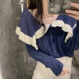 Fashion Woman Sweaters Embroidered Cropped Knitted Sweater Vintage Cute Peter Pan Collar Female Pullovers Chic