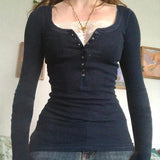 Patchwork Lace Buttoned Long Sleeve TeeOutfit