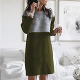 Autumn Winter Round Neck Vintage Patchwork Knitting Dress Women Loose Casual Straight Dresses Robe Femme Vestidos De