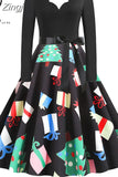 Women Winter Long Sleeve Vintage Christmas Dress Black Red Print V Neck Sexy Xmas Party Dress Robe 3XL Elegant