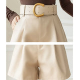 Women's PU Leather Shorts With Belt New Winter Stylish Pockets Ladies Elegant Solid Casual Shorts Trousers