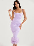 Feather Tassel Spaghetti Strap Backless Long Dress Women Summer New Sleeveless Backless Bodycon Club Party