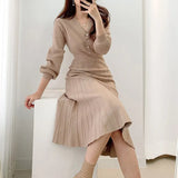 Elegant Women Single-breasted Sweater Dress 2021 Spring Autumn Warm Slim Waist Female Knitted Dress A-line Vestidos