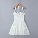 White Halter Embroidery Solid Mini Dress- Outfit