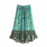 Queens Women Birds Floral Print Beach Bohemian Pleated Skirt High Elastic Waist Maxi A-Line Boho Skirts
