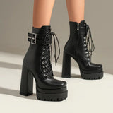 Platform Women Punk Boots Square Toe Super High Heel Ankle Boots Lace Up Zipper Motorcycle Boots Autumn Winter Lady