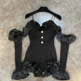 2022 Spring New Arrivals Long Flare Sleeve Strapless Ruffles Diamonds Buttons Slim Black Playsuits Women Romper