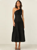 Spring/Summer Ladies' Dress with Missing Shoulder and Inclined Collar Sexy Big Swing High Waist Solid Color Irregular