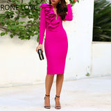 Women Solid Elegant Long Sleeves Cascading Ruffle Decoration V Neck Midi Bodycon Sexy Party Formal