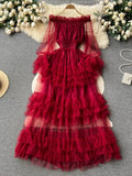 Autumn Women Ruffle Mesh Party Long Dress Sexy Slash Neck Off Shoulder See Through Maxi Robe Female New