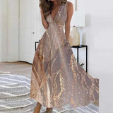 Women Sleeveless Evening Dress Casual High Waist Boho Beach Dress New Summer Deep V-neck Floral Print Long Dress