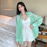 Transparent Blouse Summer 2021 Long Sleeve White Pink Green Button Up Shirts Women Y2k Korean Fashion Cardigan Sheer