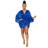 T-sleeve Dress Sexy Sequin Elegant Party Evening V-neck Long Sleeve Loose Mini Vestidos Autumn Female Crystal