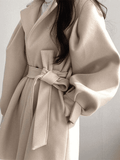 Puff Sleeve Belted Woolen Coat- Outfit