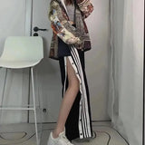 Y2K Striped Joggers Sweatpants Women Button Slit Baggy Wide Leg Pants Streetwear Elastic High Waist Loose Casual