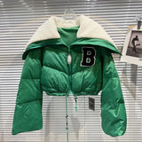 2022 Winter Long Sleeve Lambswool Sailor Collar Short White Duck Down Coat Women Drawstring Jacket