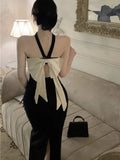 Women Sexy Backless Bow Wedding Runway Party Dresses Summer French Sleeveless Bodycon Hollow Out Vestidos Female