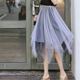 Black Tulle Patchwork Long Irregular Skirts Elastic High Waist A-Line Mesh Pleated Midi Skirts Vintage Punk