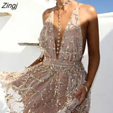 New Arrivals Sexy Dresses Women Backless Halter Black Gold Mini Dress Party Tassel Summer Dress Club