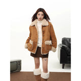 Lamb Wool Leather Jacket for Women Elegant Lapel Thicken Warm Overcoat New Chic Suede Short Coat