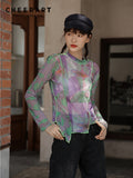 Aesthetic Crewneck Long Sleeve Mesh Top Purple Green Blouse Women See Through Patchwork Top Designer Fashion