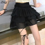 Women Elegant Solid Mini Streetwear High Low Ruched Ruffle A-line Stitching Summer Holiday Lady Gothic Trendy