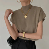Vest Shirt Summer Solid Stand-up Collar Knitted Vest Short Sleeve Office Lady Loose Elegant Straight Top All Match