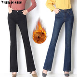 warm fleece Wide leg jeans woman with high waist skinny OL office denim jeans for women flare mom jeans