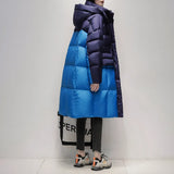 blocking Casual Long 90%White duck down Hooded Coat Women's 2023 Winter New Korean Loose Down Jackets Warm Parkas