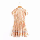Queens Women Peacock Floral Print Deep V-neck Bohemian Mini Dress Ladies Short Sleeve Boho Dresses