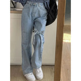 Streetwear Bow Jeans Women Sweet Harajuku Bandage Wide Leg Denim Pants Korean Cute High Waist Casual Straight Trousers