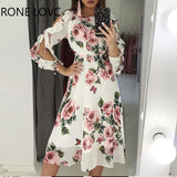 Women Chic All Over Print Floral Lace up Ruffle Hem Sleeve Hollow out Midi