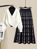 Warm Knitwears 3 Pieces Set For Womens Outfit Korean High Quality Pullover Knitted Sweater+print Pleated Skirts Sets