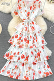 Women Floral Ruffle Pleated Long Dress Vintage V-Neck Short Sleeve High Waist Tierred Maxi Robe Vacation Beach