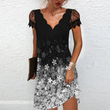 Sexy Elegant Fashion Party Dresses Women V-neck Floral Print Short Sleeve Lace Mini Dress Oversized Vestido Feminino